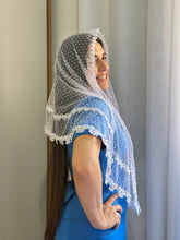 Véu CCB, em Poá de bolinhas e guipir de laços - Celestial