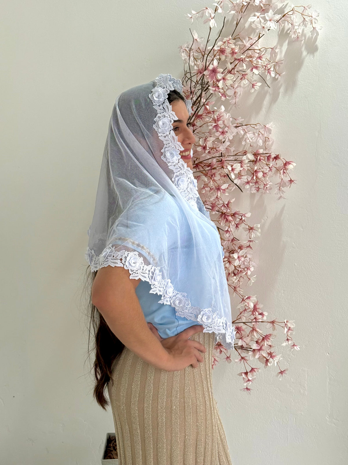 Véu CCB, Com tule de algodão e renda de Rosas 3D - Gardênia