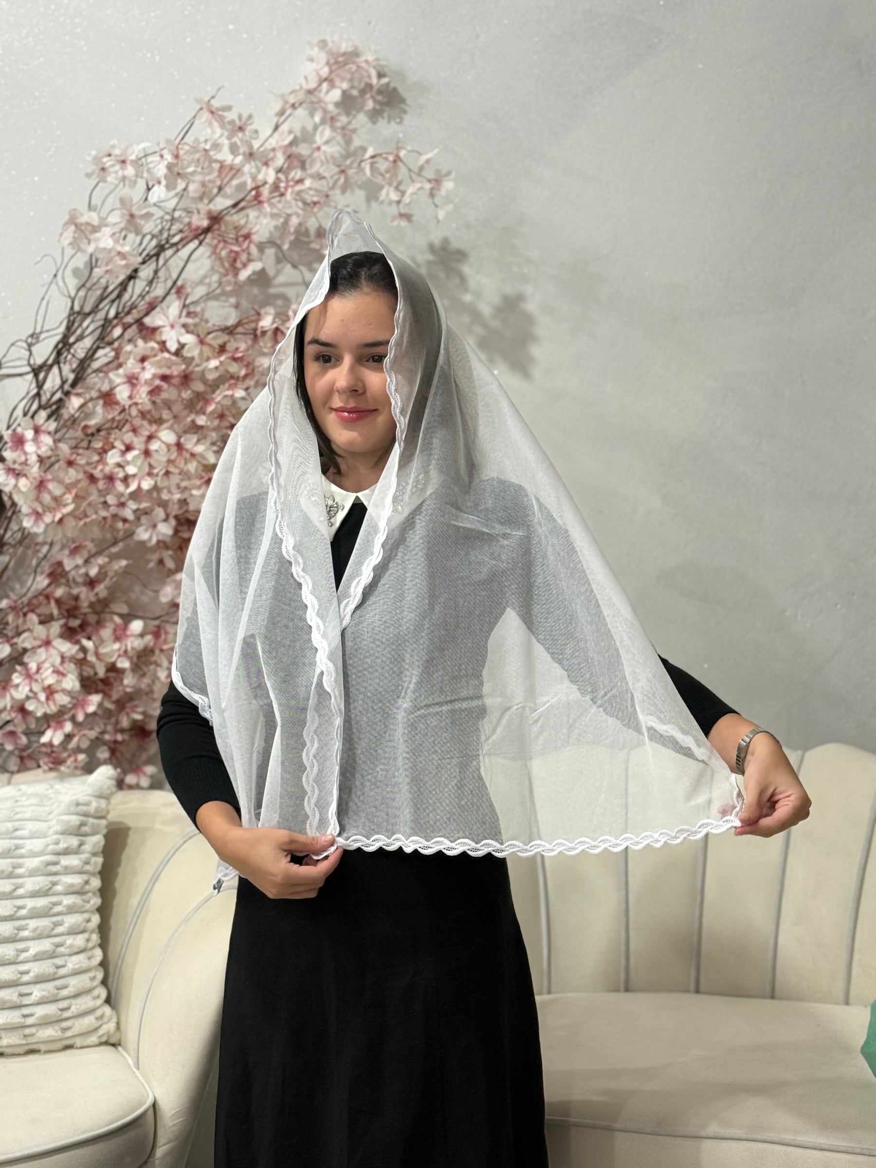 Véu CCB, Retangular com guipir delicado - Aura