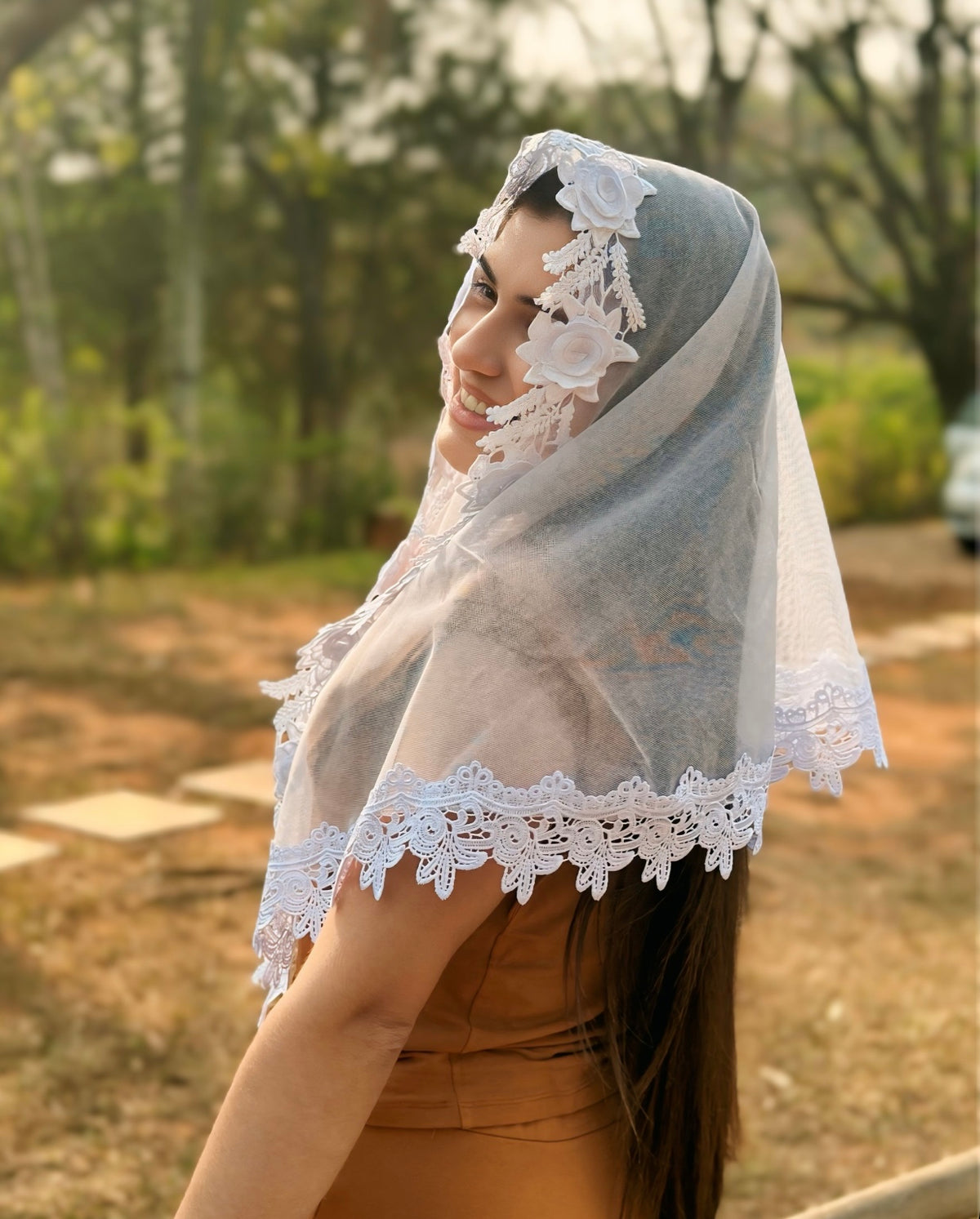 Véu CCB, com guipir em 3D - Ana Clara