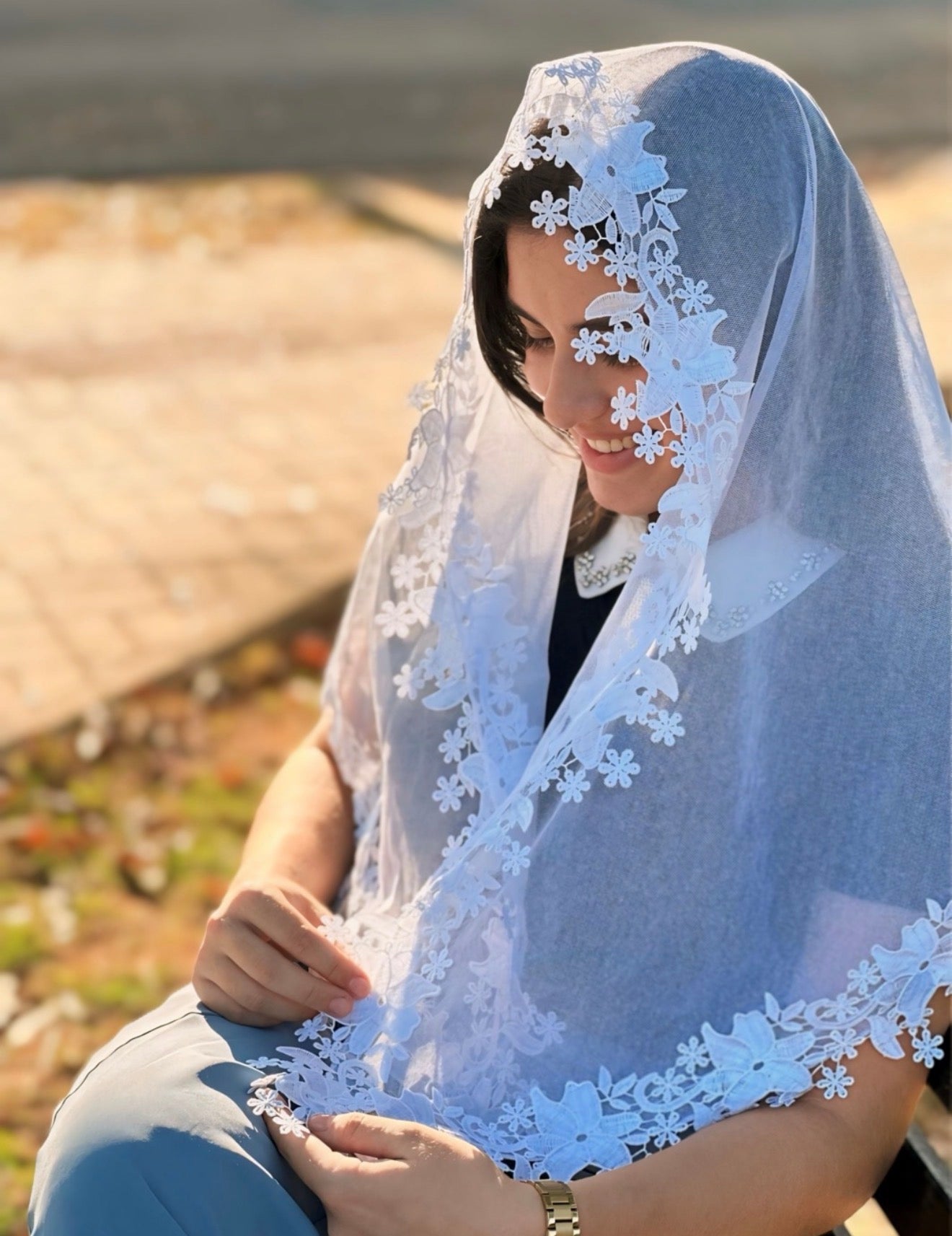 Véu CCB, Guipir largo de flores - Rosa