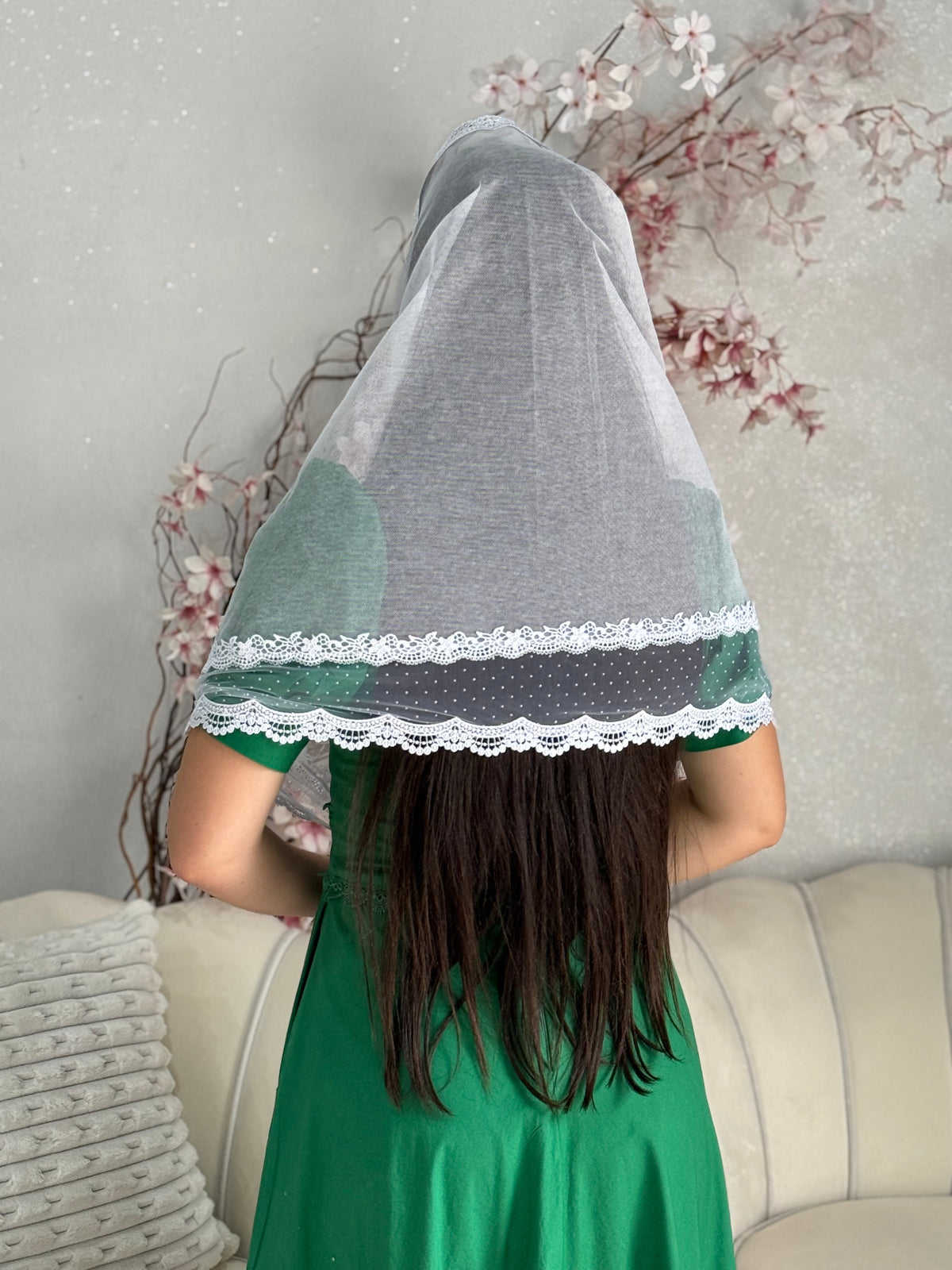 Véu CCB, com guipir médio e entremeio de Poá - Maelis Retangular