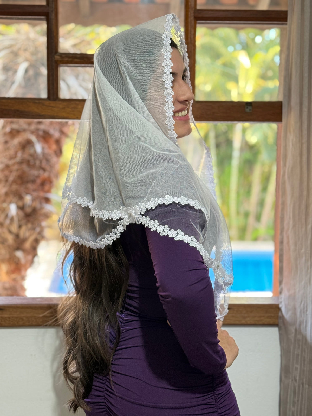 Véu CCB, em algodão com entremeios em tule francês - Ester